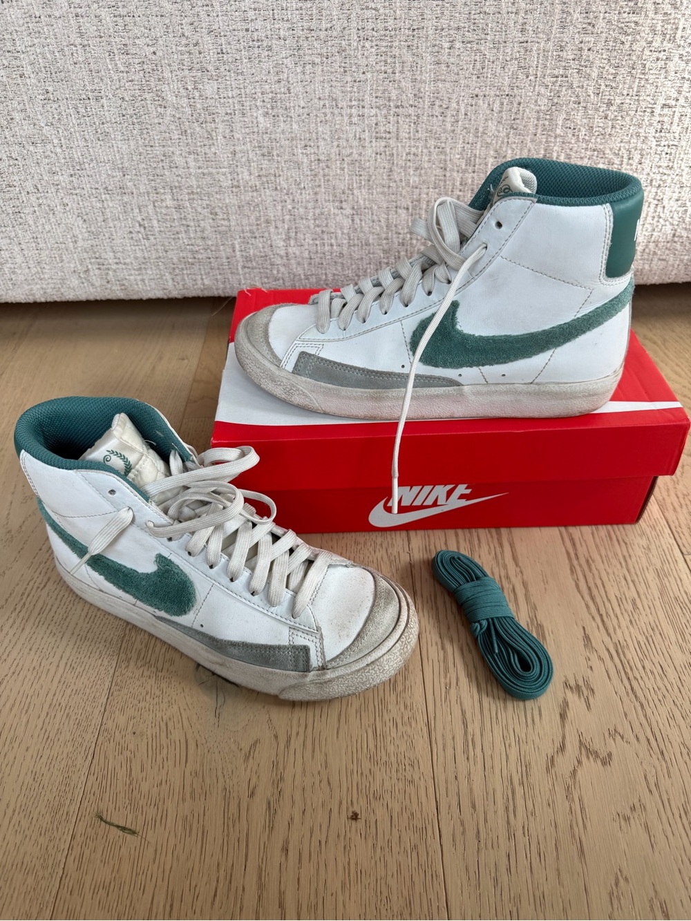 Nike Blazer Kids High-Top Sneakers in White and Teal Green